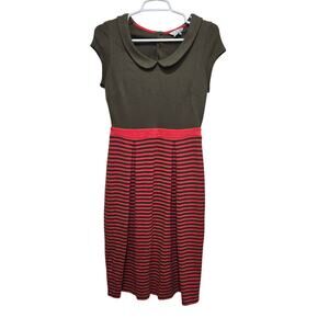 Boden Dress Women’s Size 6L Green Red Stripe Short Sleeve Peter Pan Collar